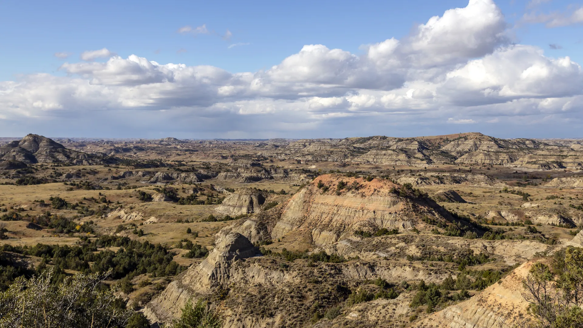 Sweeping panorama of rugged badlands pinnacles and ridges seen from Painted Canyon overlook