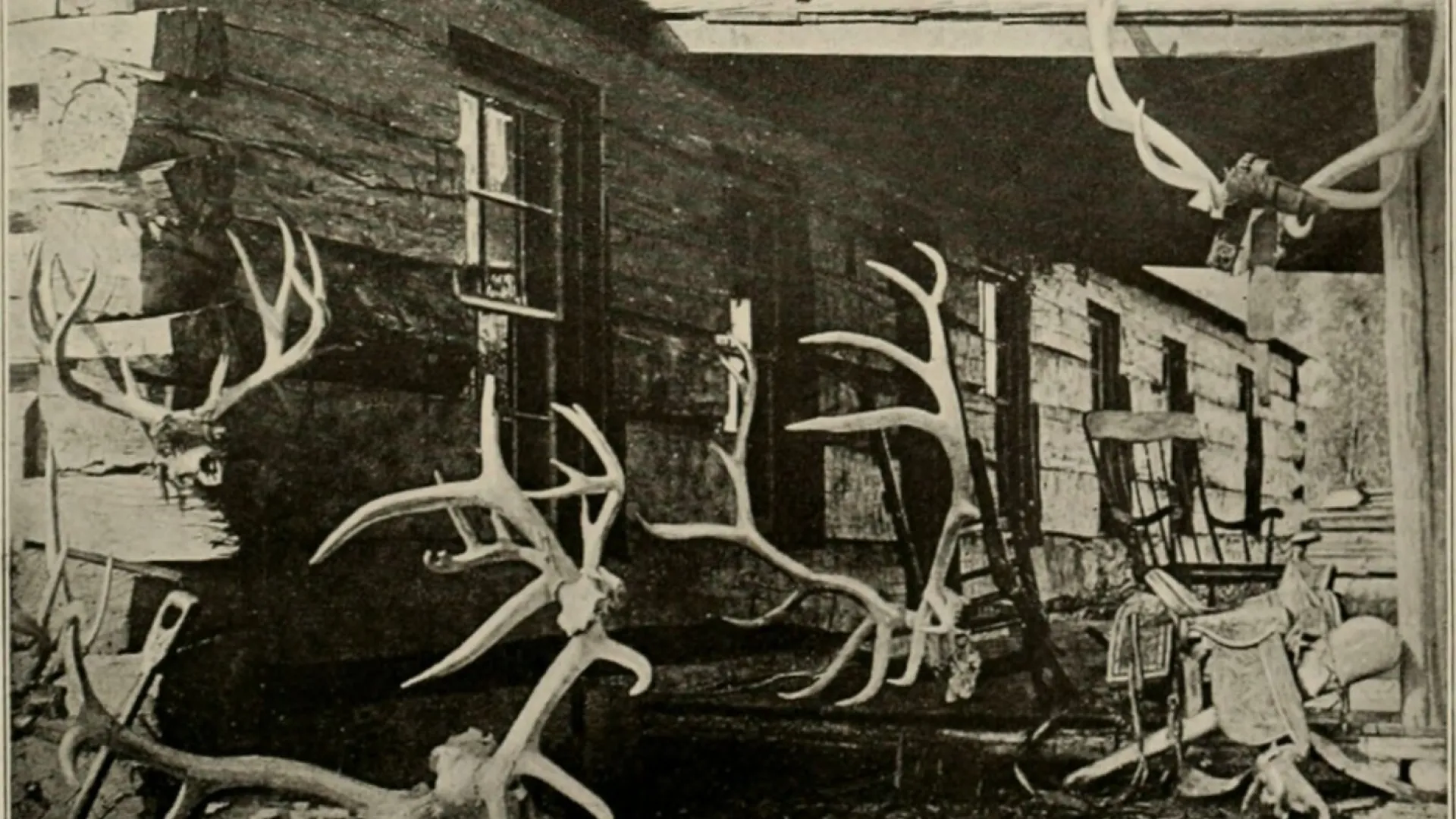The log wall and porch of a ranch house hung with elk antlers and saddles.