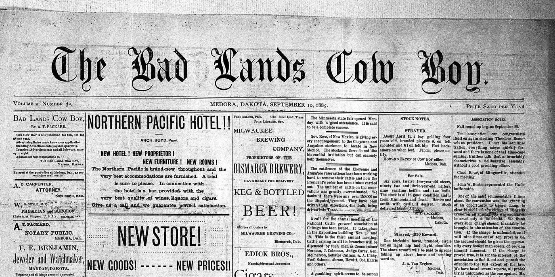 Front page masthead of The Bad Lands Cow Boy, Medora, Dakota, September 10, 1885