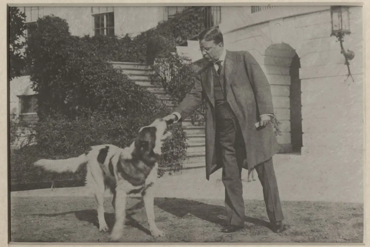 Photograph of Theodore Roosevelt with his dog Rolls