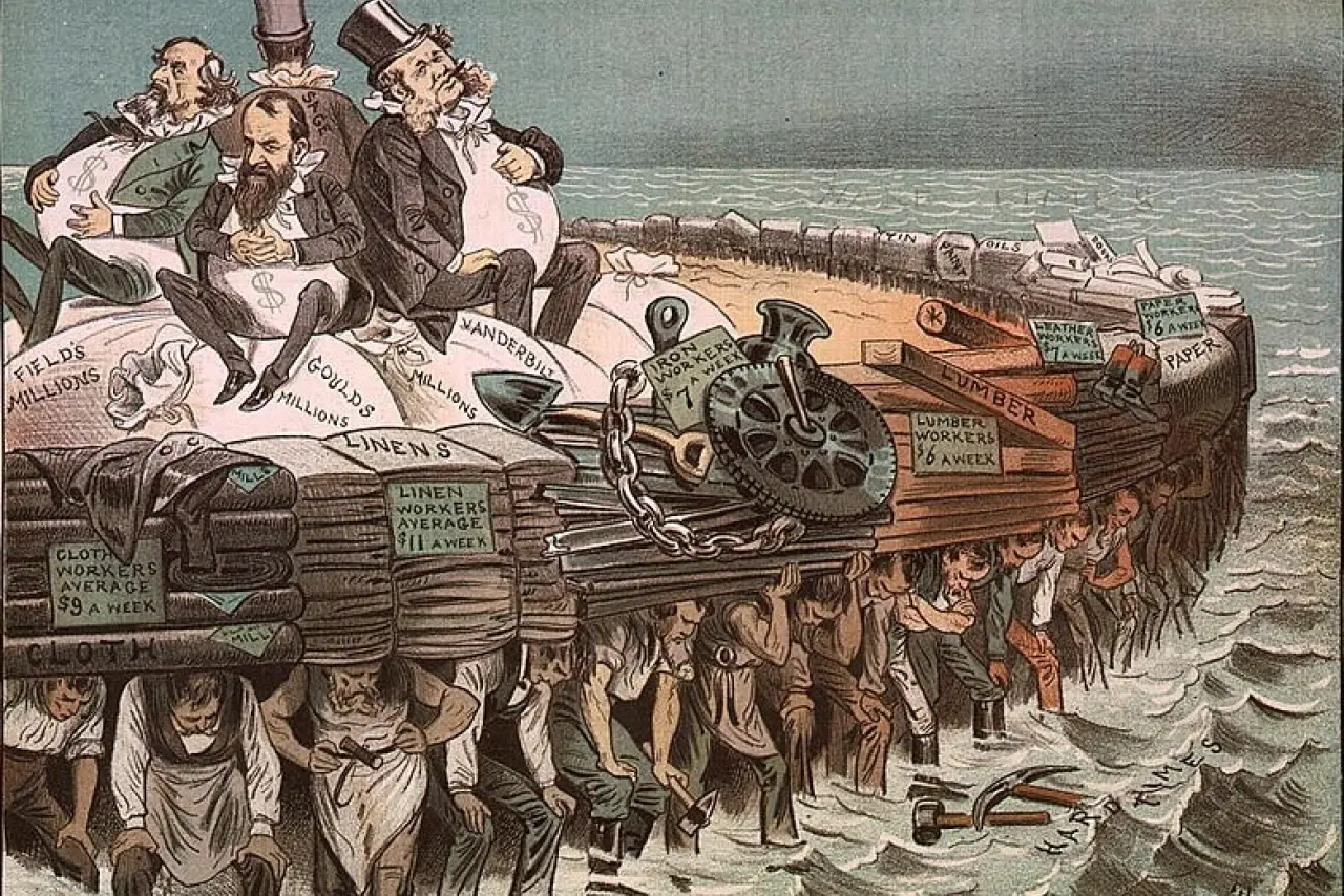 Cartoon of wealthy business owners being carried by the lower classes
