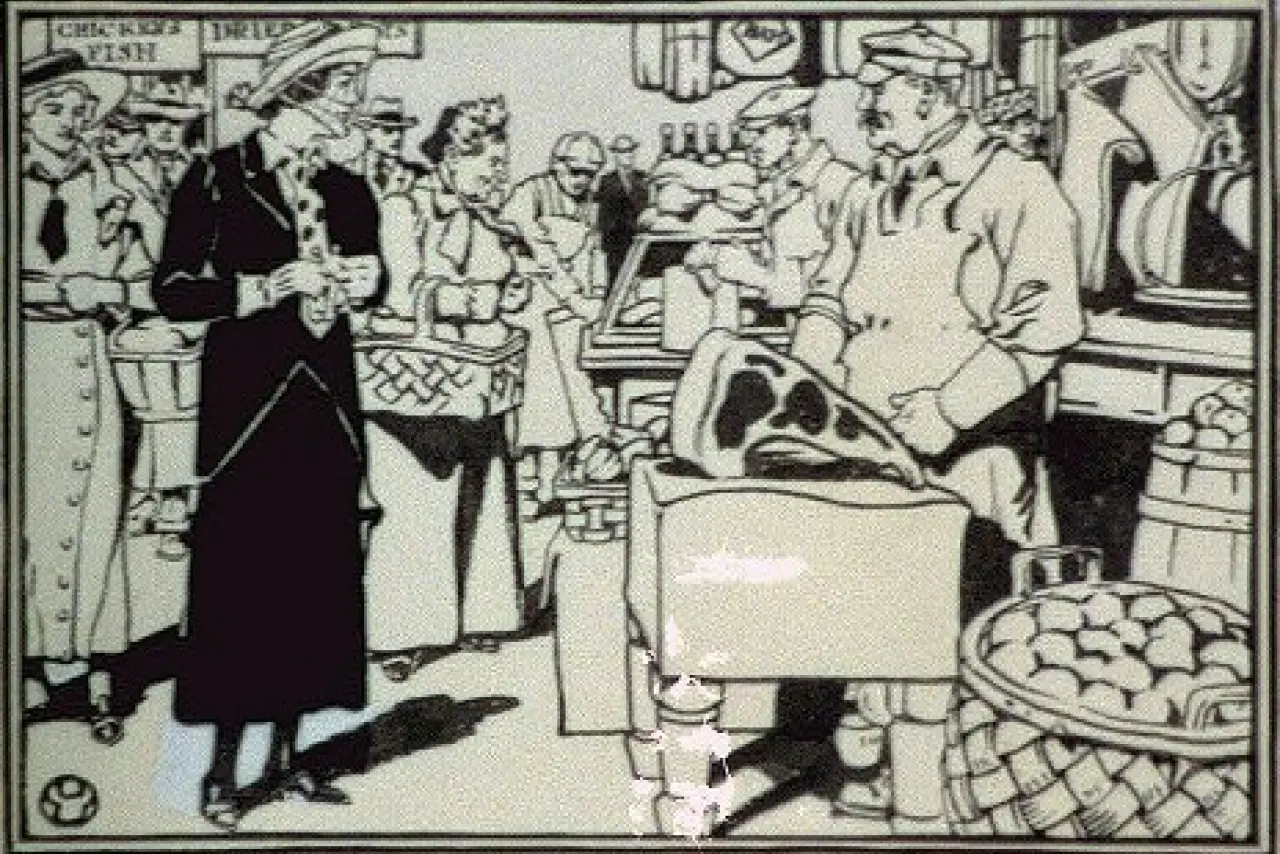 Illustration of a woman buying meat