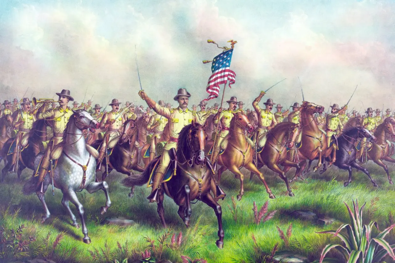Painting of Theodore Roosevelt leading the Rough Riders