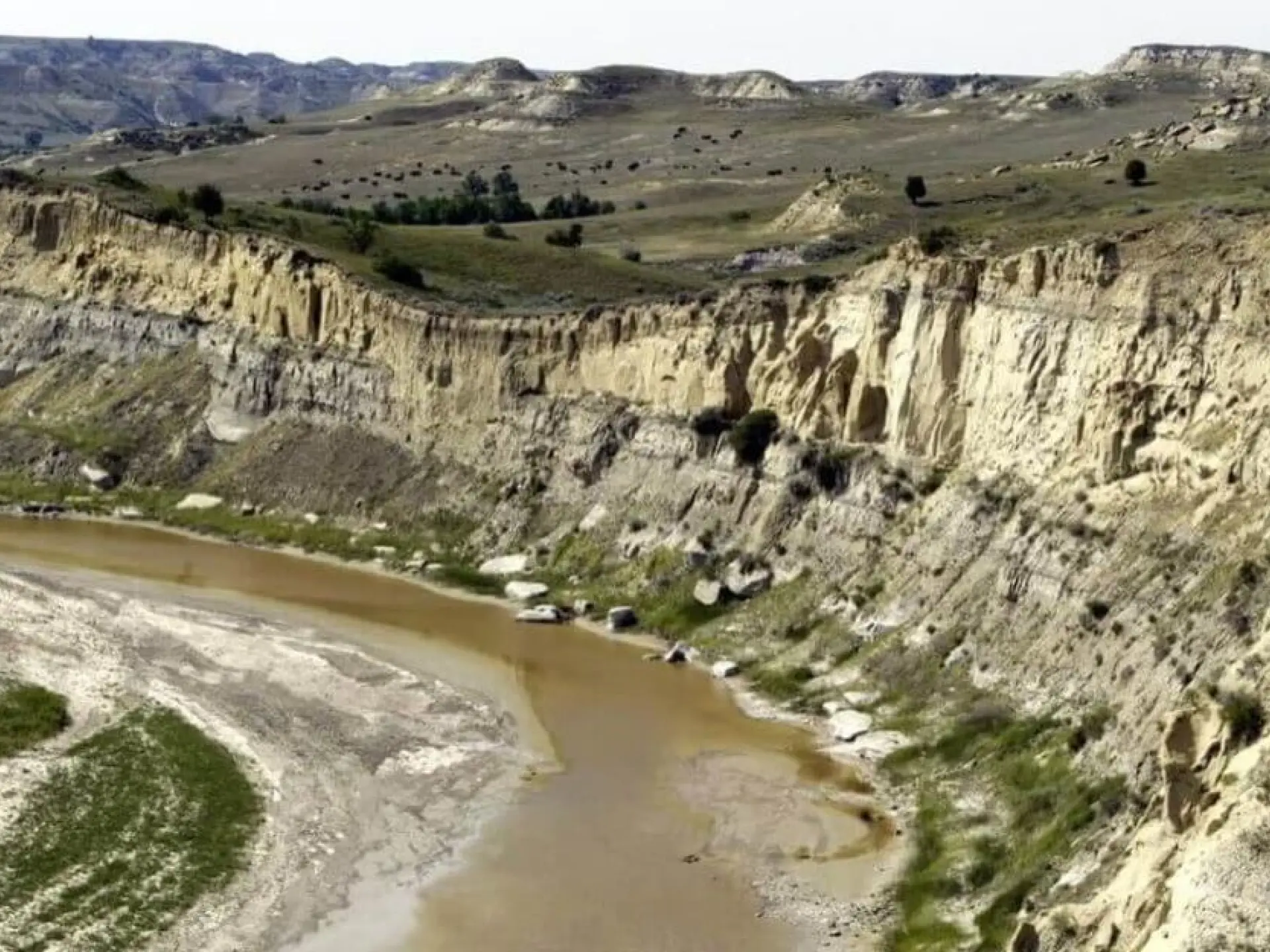 Dry riverbed meandering through arid canyon landscape.