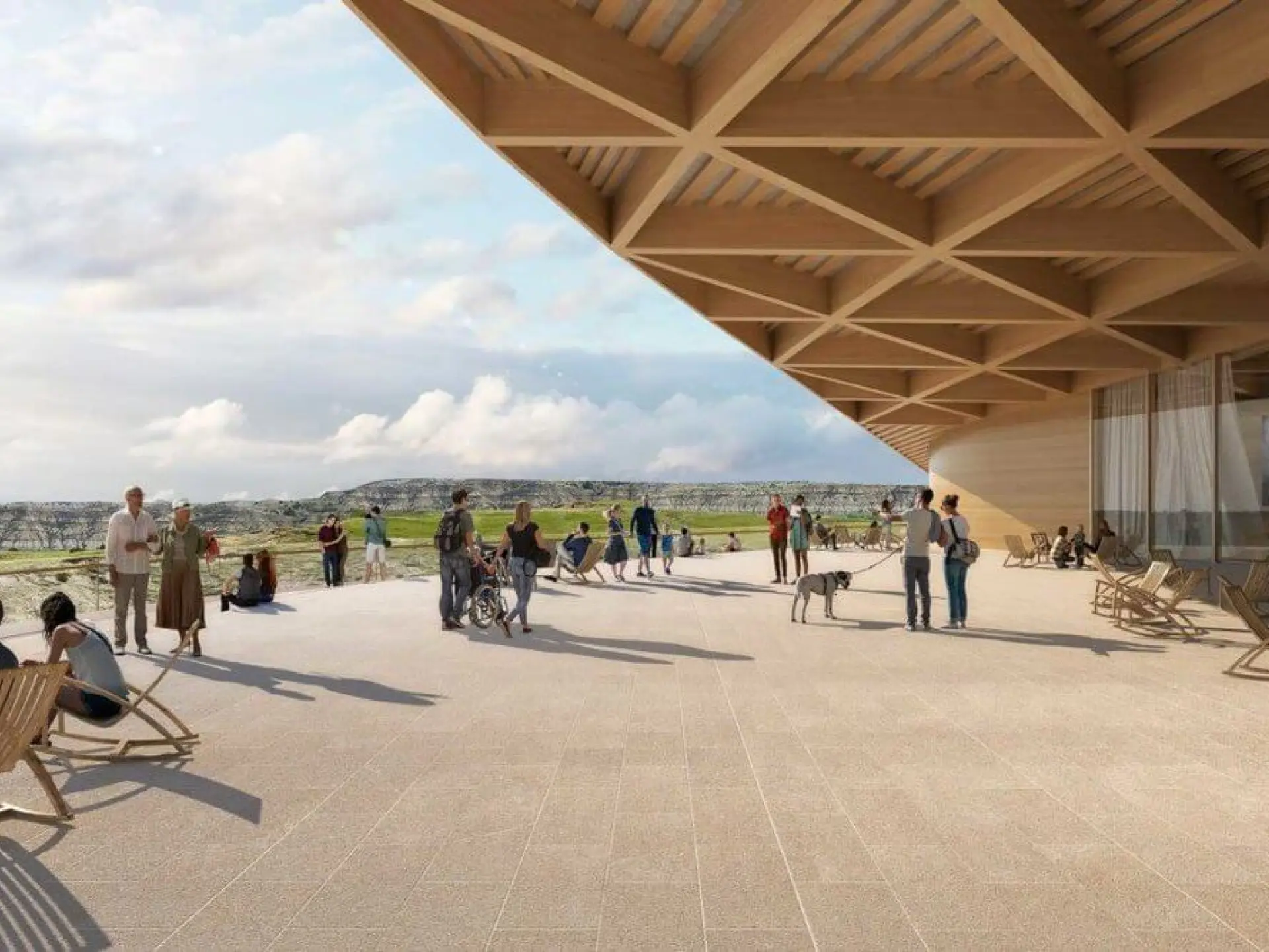Outdoor deck with people under a wooden roof, overlooking a grassy landscape.