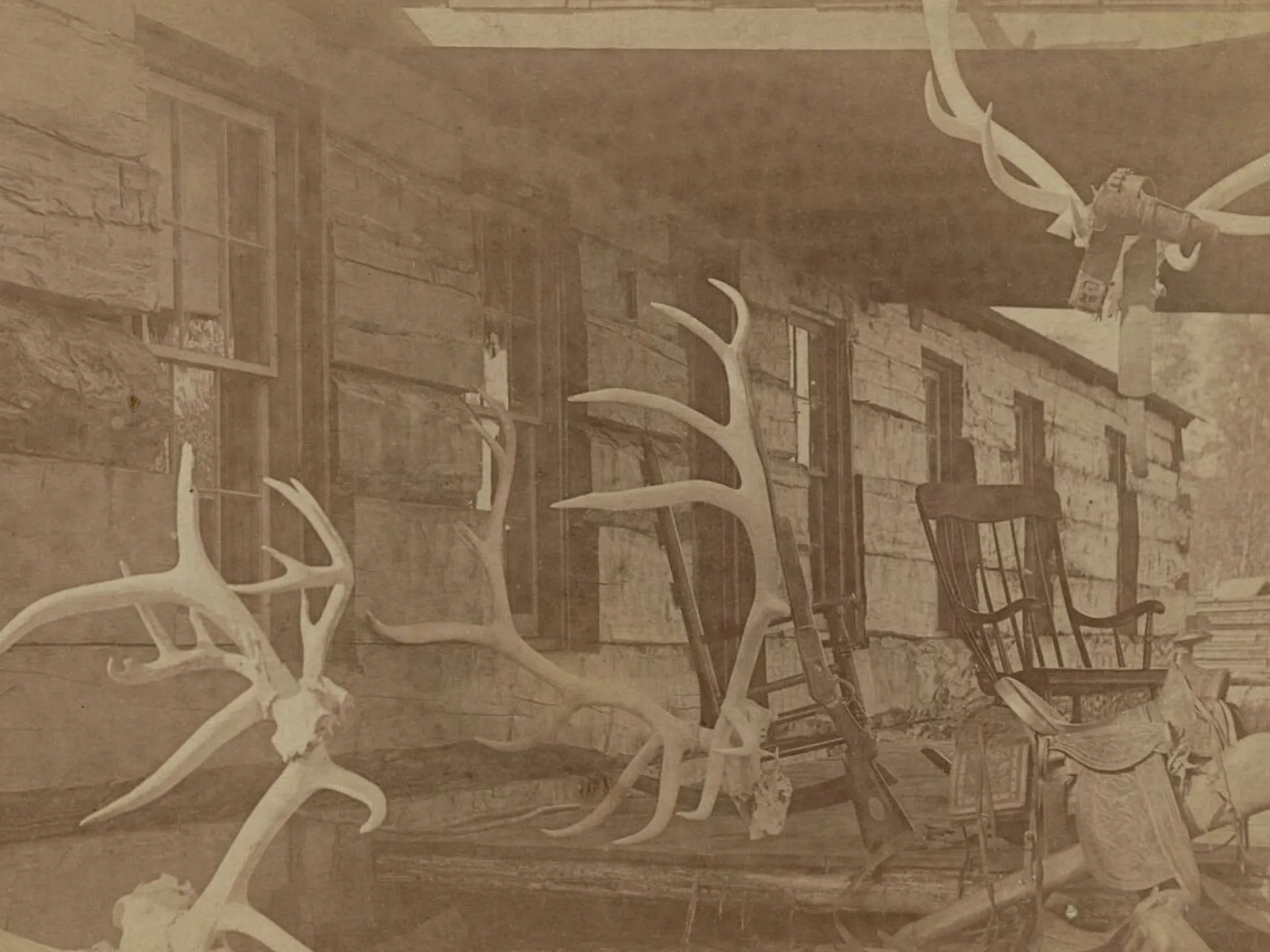 The Elkhorn ranch house, its porch hung with elk antlers