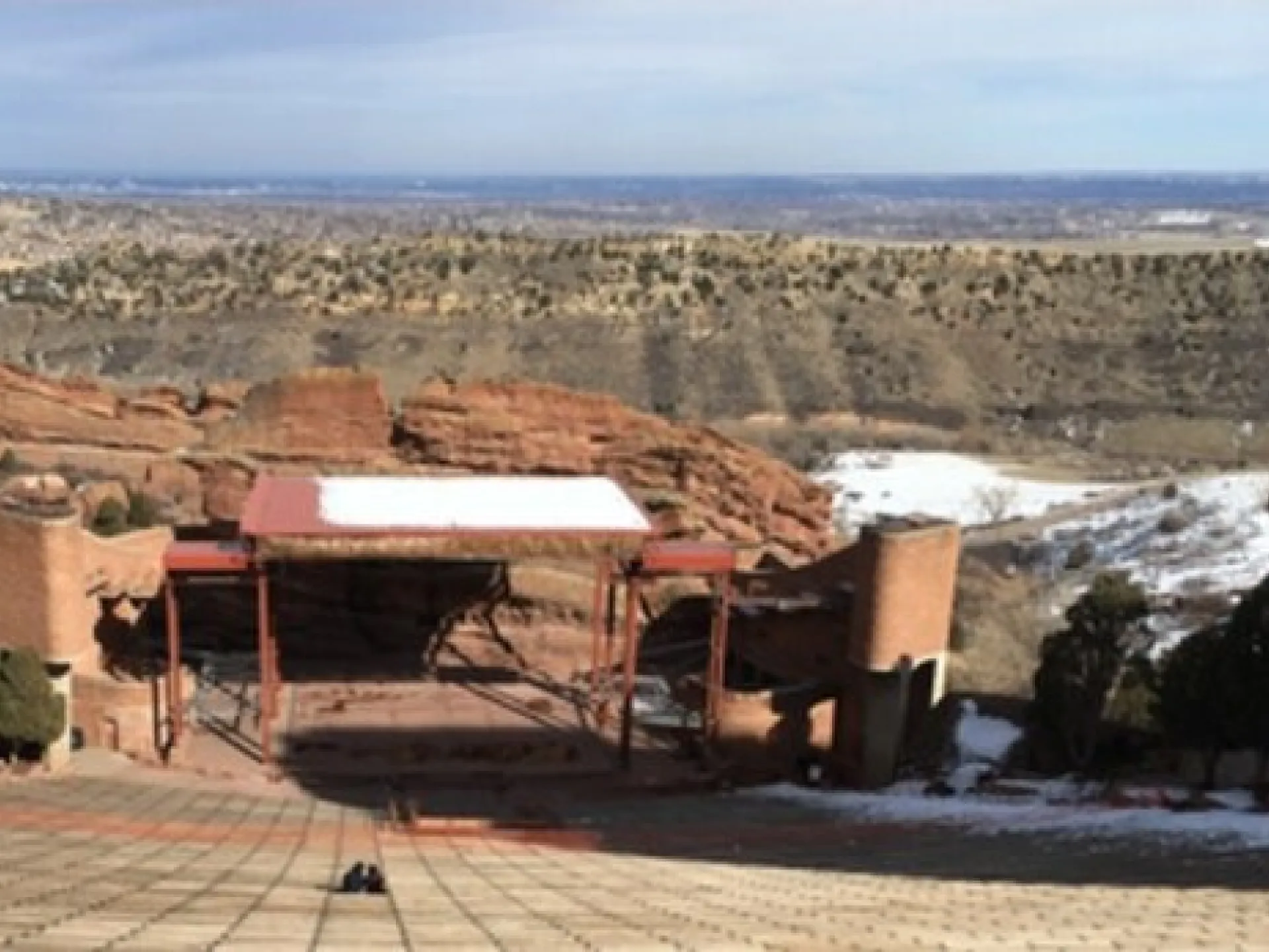 The stage and red sandstone formations of Red Rocks Amphitheatre outside Denver, Colorado