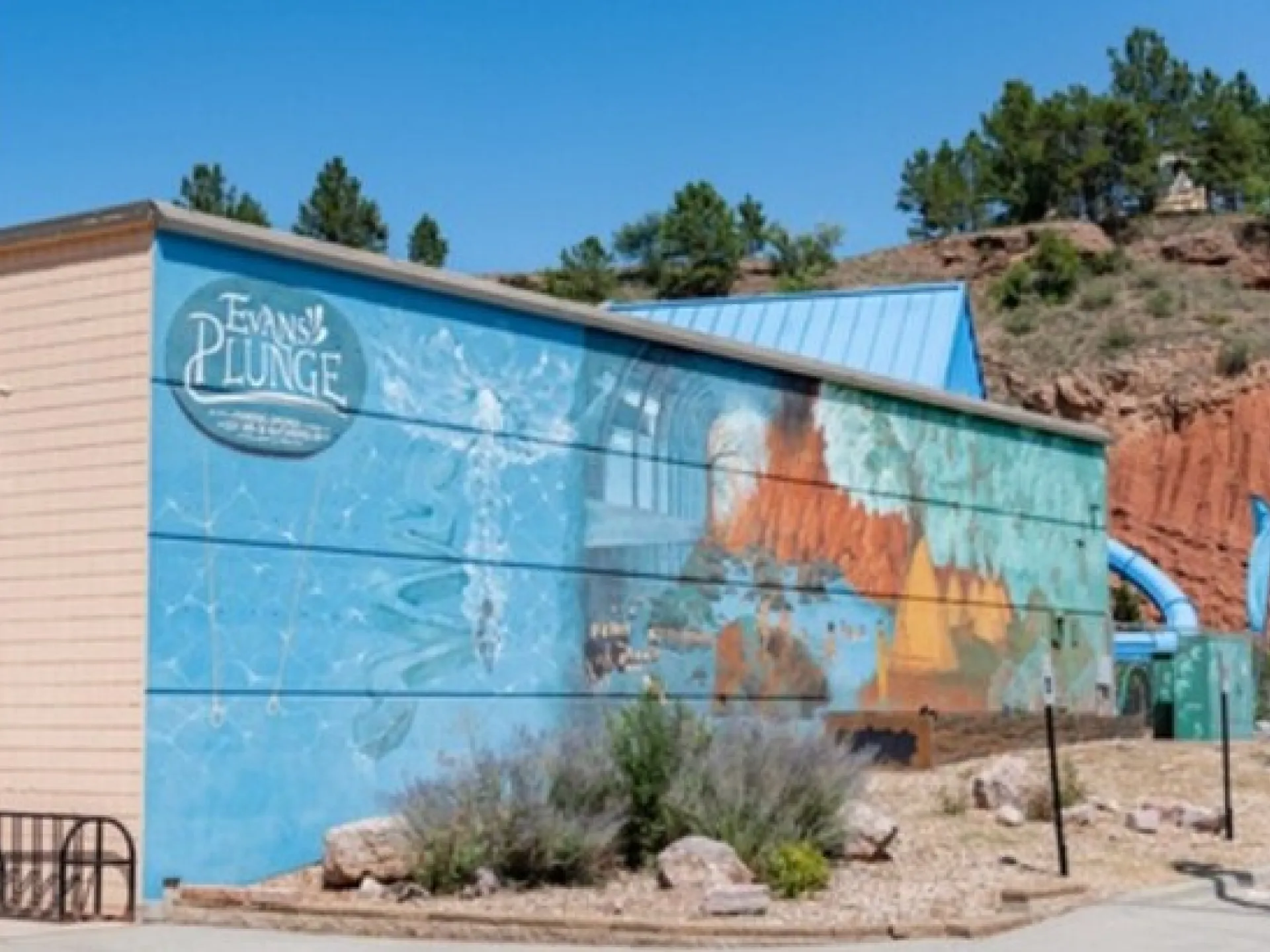 The painted exterior of Evans Plunge, the warm spring-fed pool in Hot Springs, South Dakota