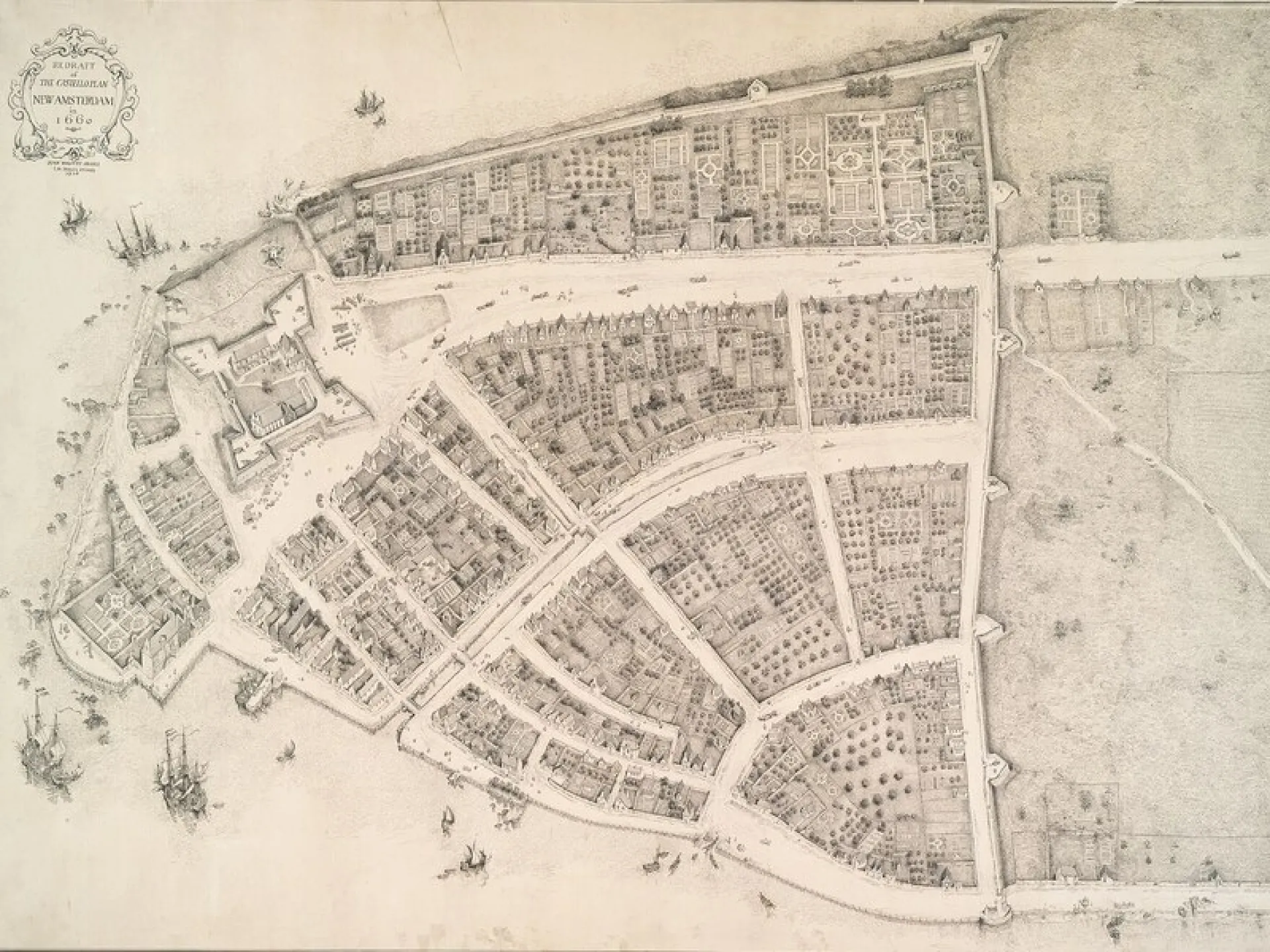 A bird's-eye map of Dutch New Amsterdam on Manhattan, 1660