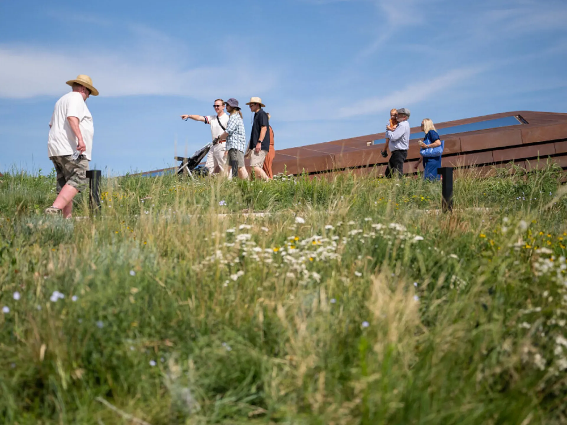 Visitors walking the grass-covered roof of the Theodore Roosevelt Presidential Library in Medora, North Dakota