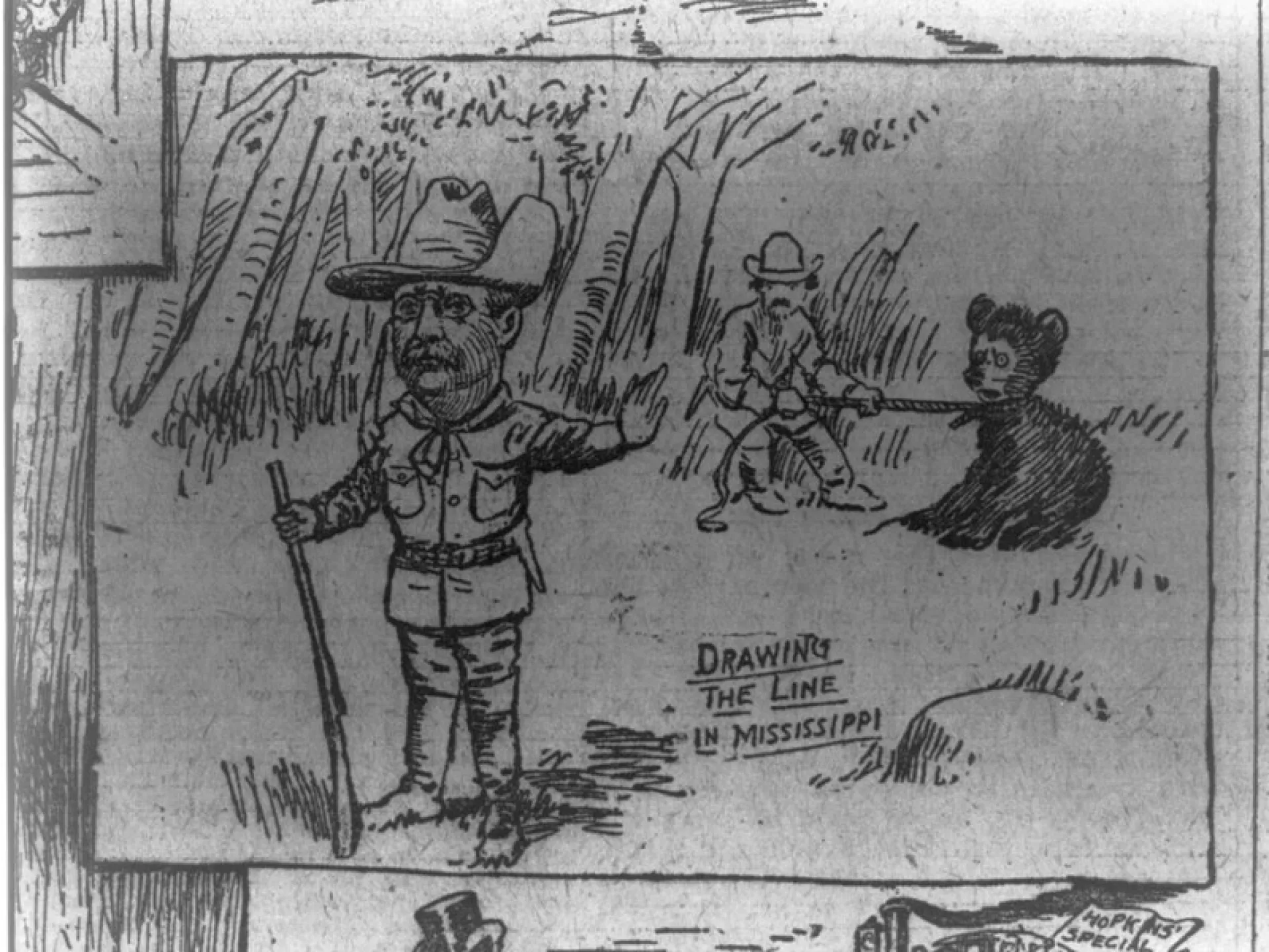 Clifford Berryman 1902 cartoon "Drawing the Line in Mississippi" showing Roosevelt refusing to shoot a bear cub