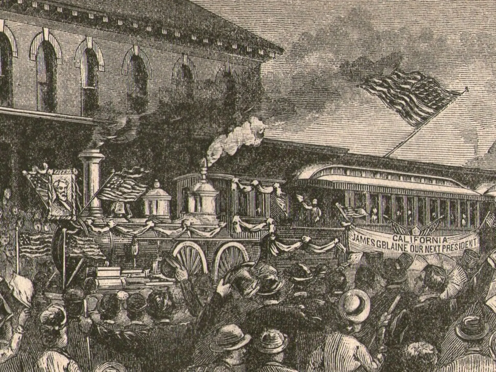 Wood engraving of crowds greeting an arriving train of Republican delegates, 1884