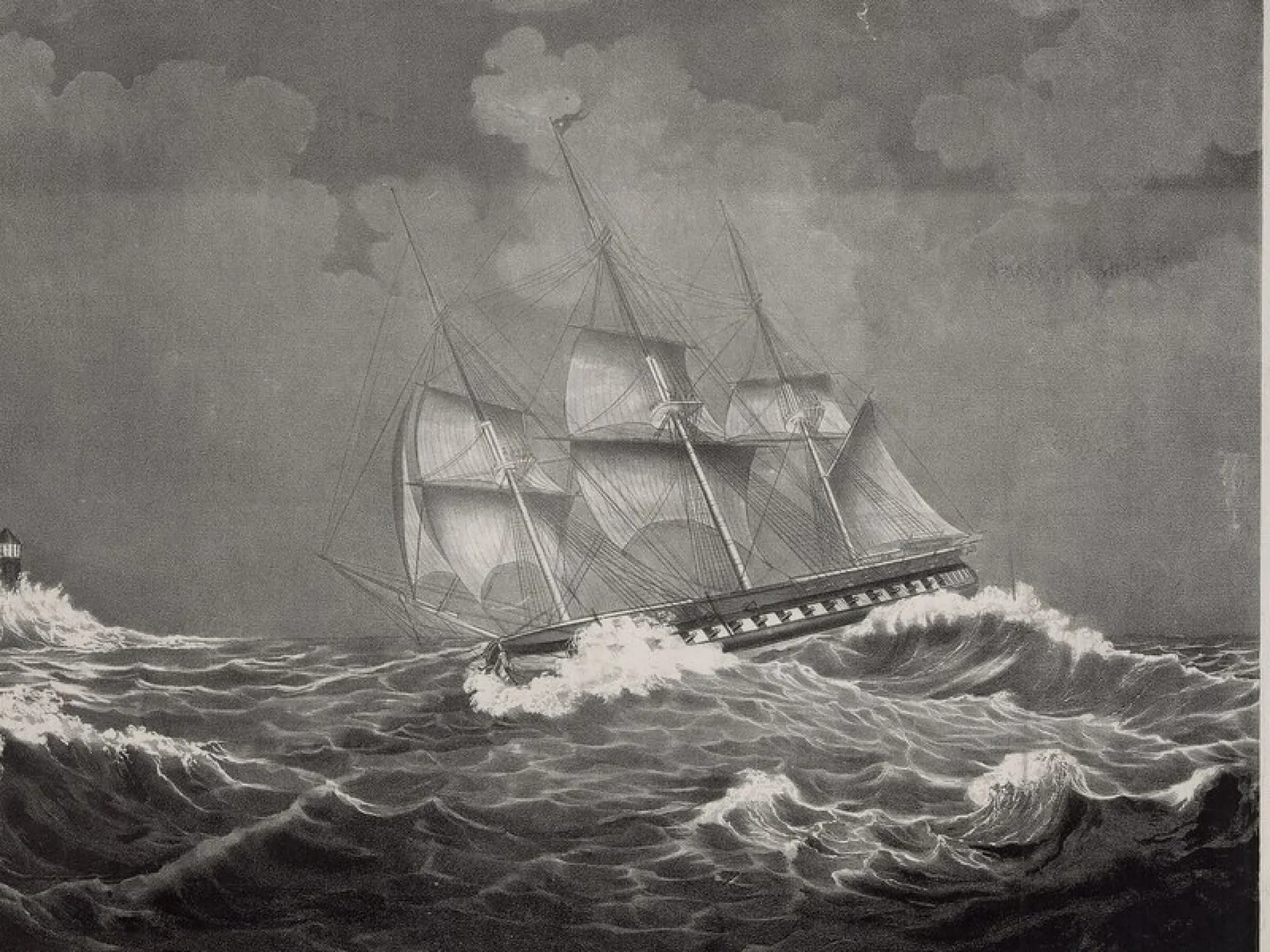 Lithograph of the frigate USS Constitution under sail in heavy seas