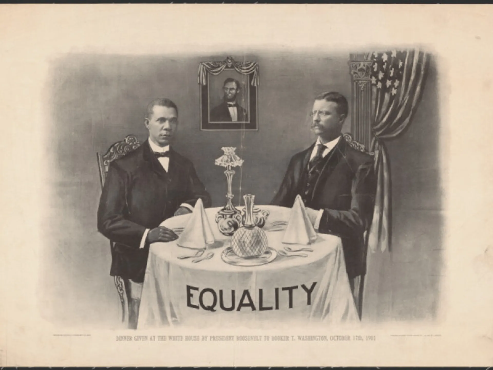 Print depicting the White House dinner with Booker T. Washington
