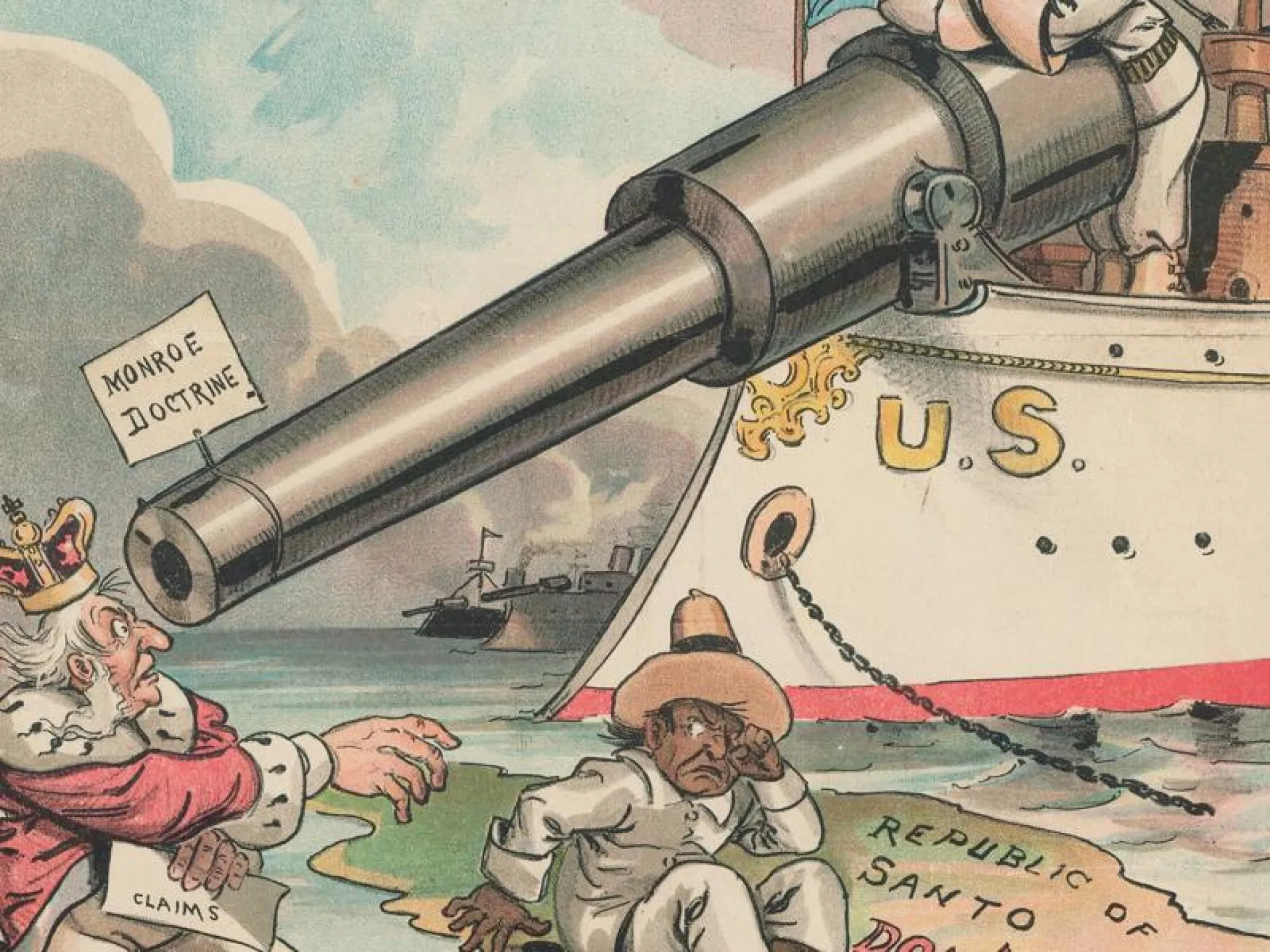 1904 cartoon of a battleship gun labeled Monroe Doctrine aimed over Santo Domingo