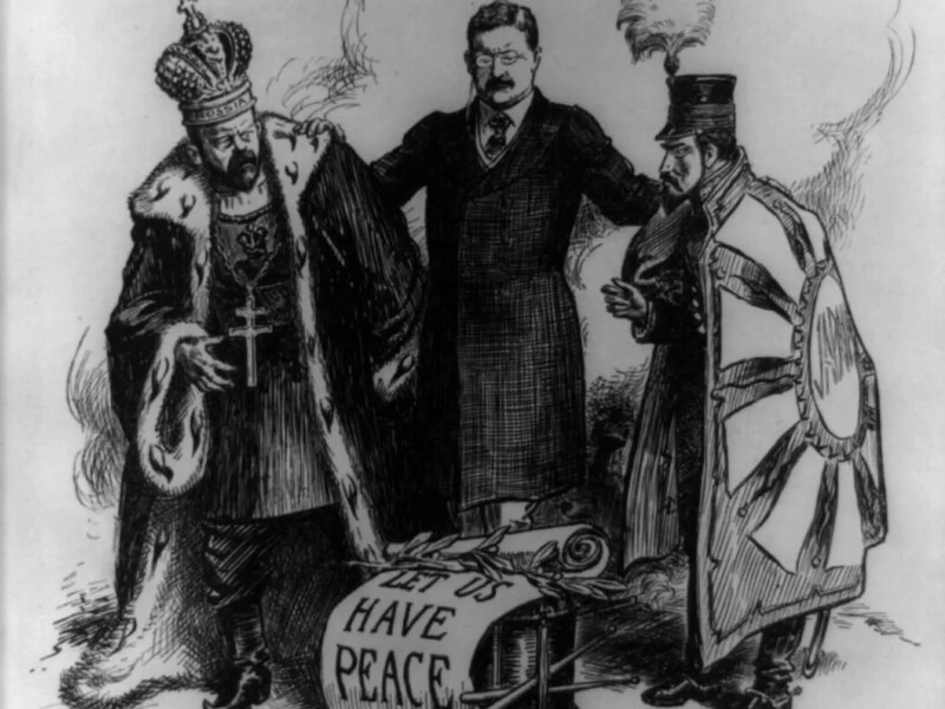 Cartoon of Roosevelt urging peace between Russian and Japanese figures