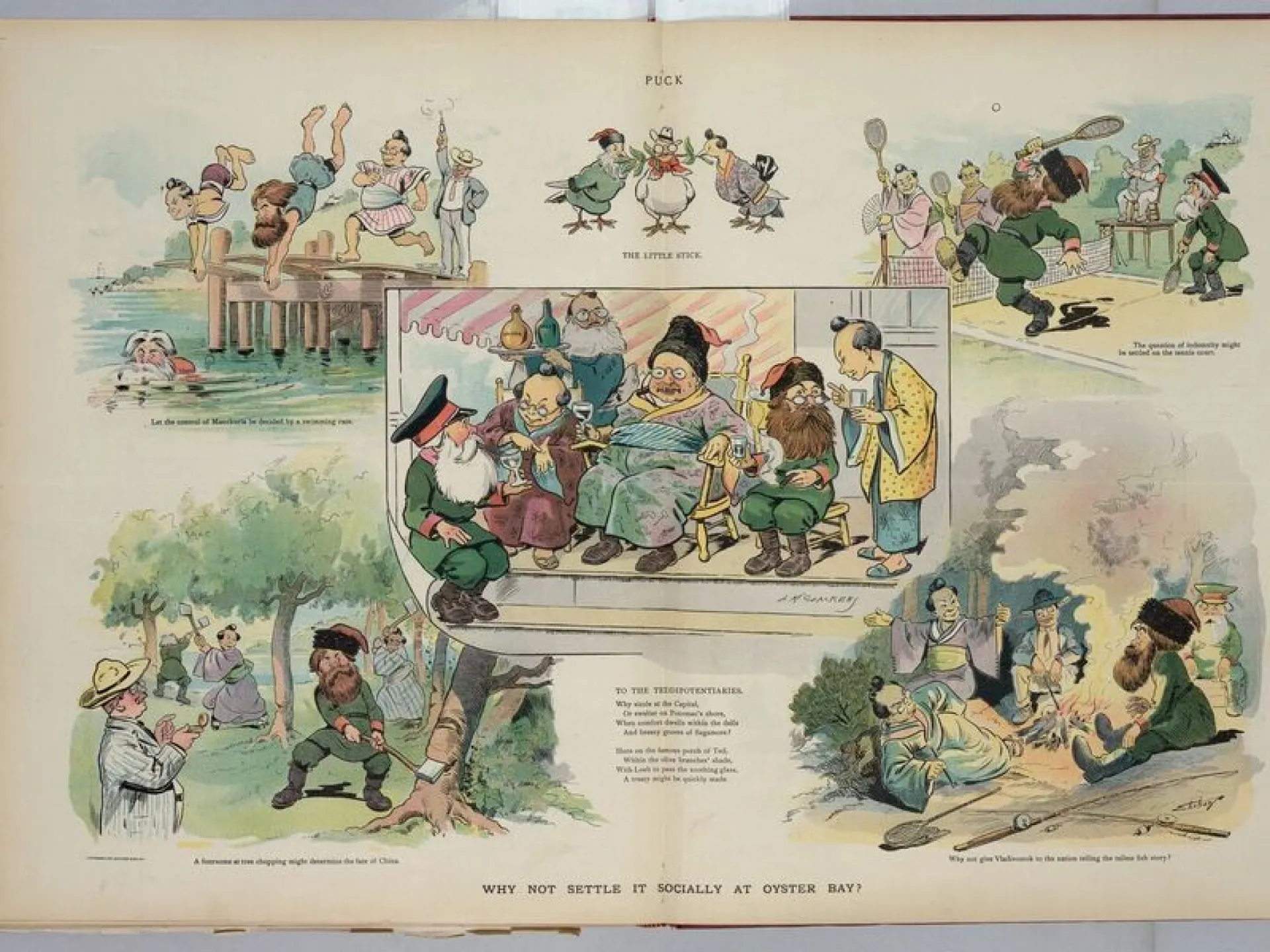 Puck cartoon of world figures gathered at Oyster Bay for peace talks