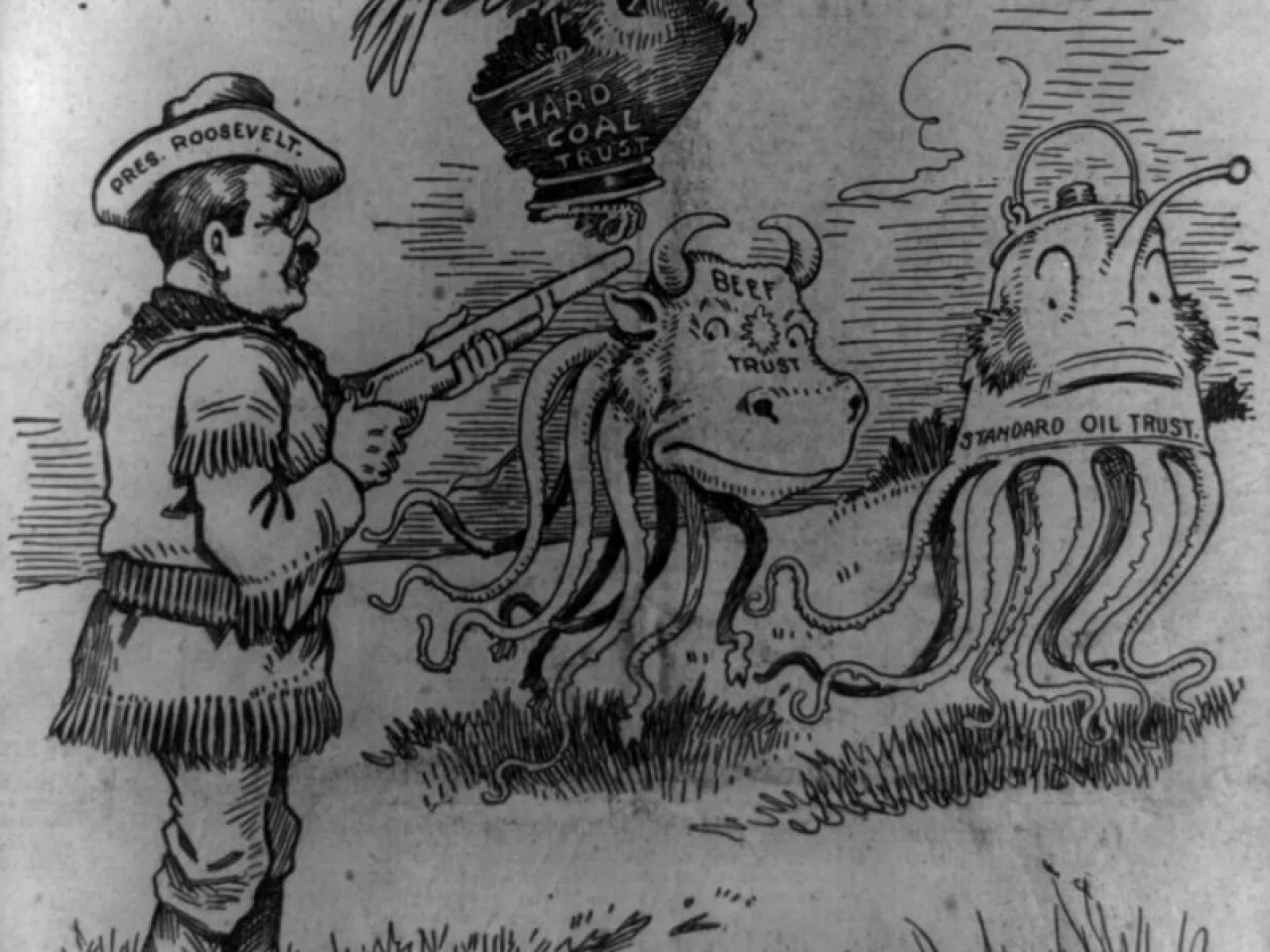 Cartoon of Roosevelt as a hunter taking aim at the trusts