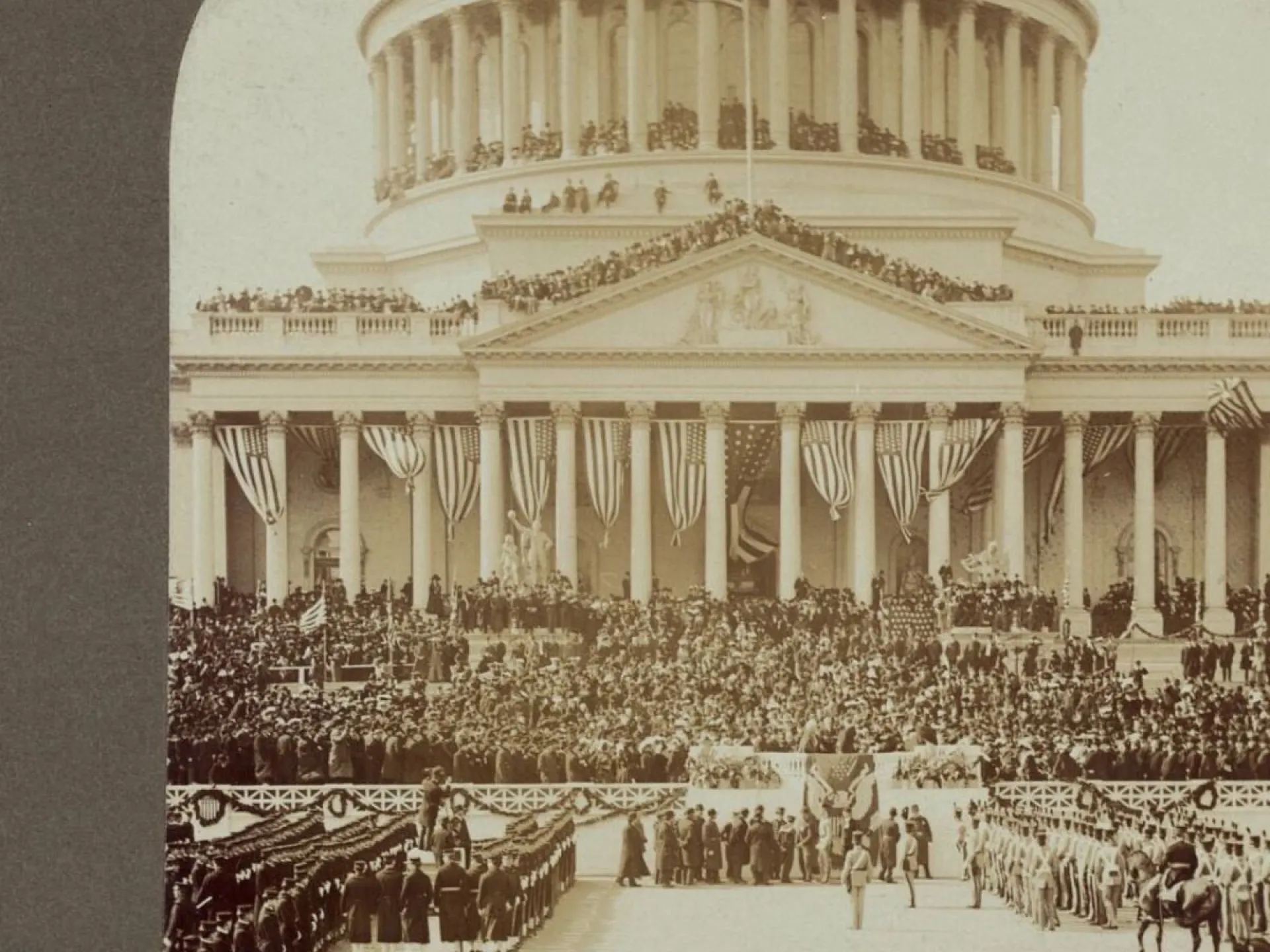 The United States Capitol draped in bunting during Theodore Roosevelt's inauguration, March 4, 1905