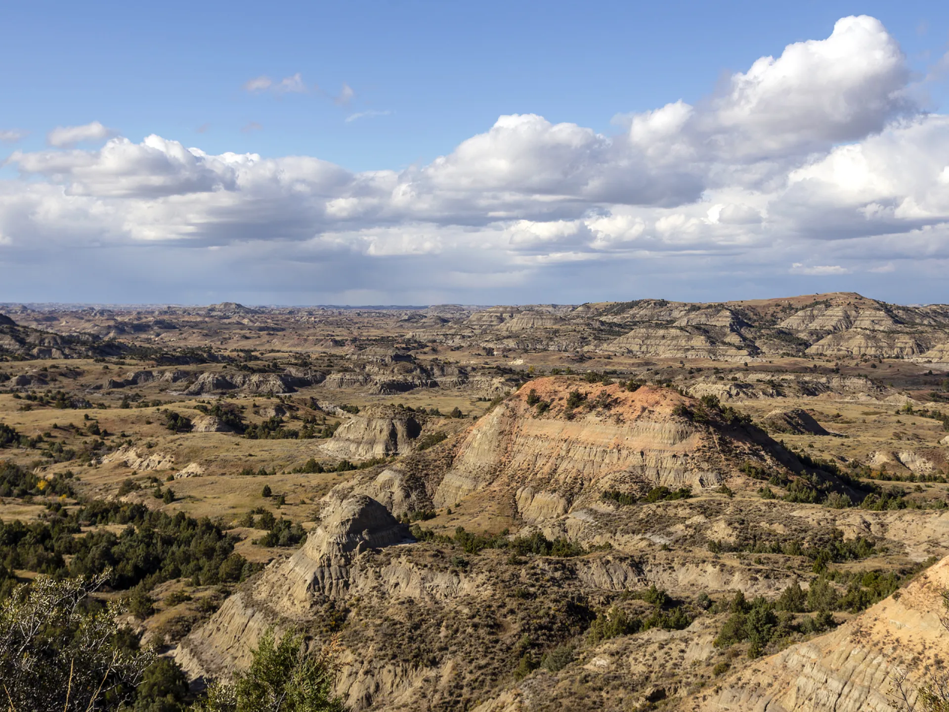 Sweeping panorama of rugged badlands pinnacles and ridges seen from Painted Canyon overlook