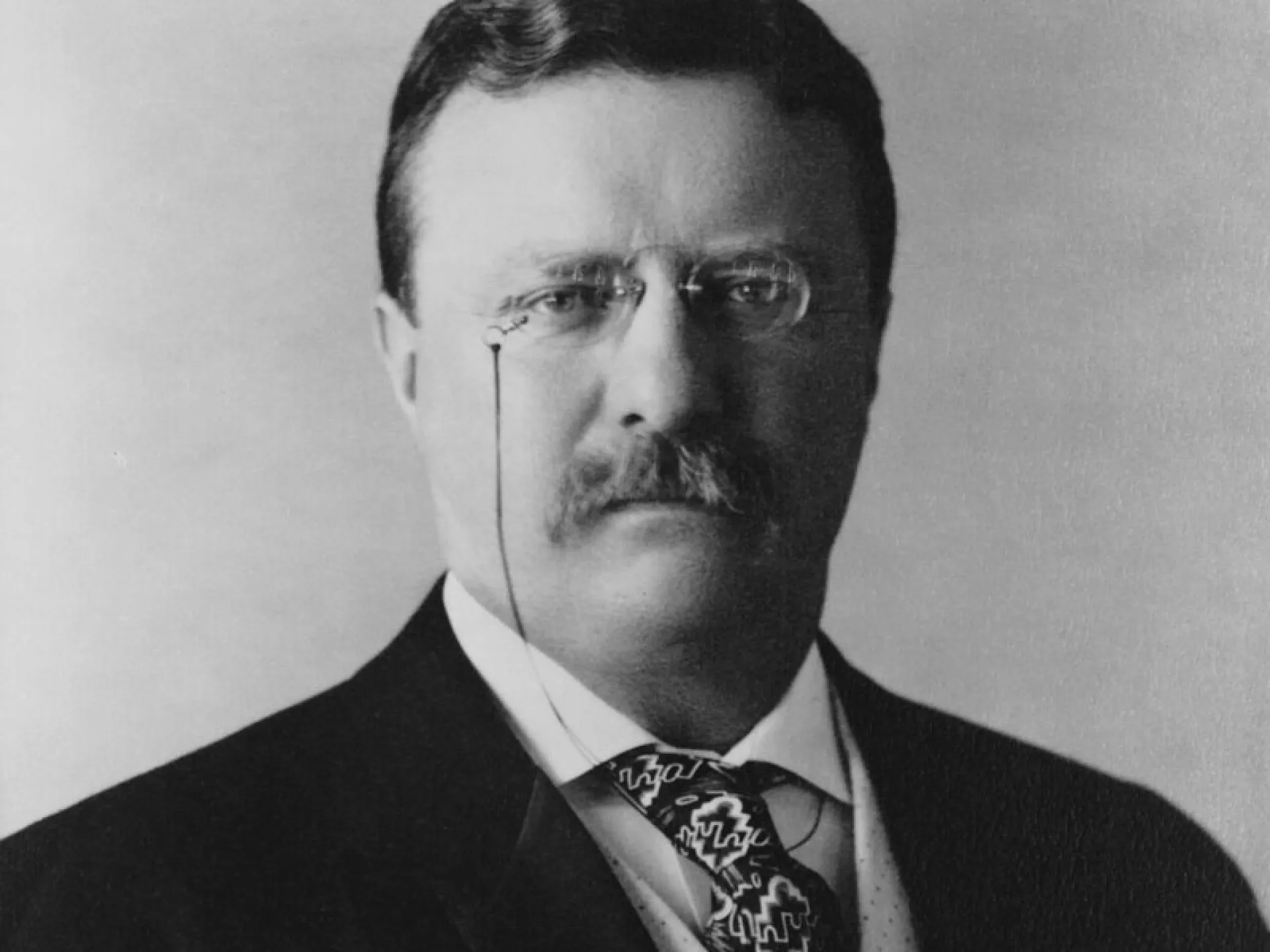 Formal head-and-shoulders portrait of President Theodore Roosevelt in a dark suit