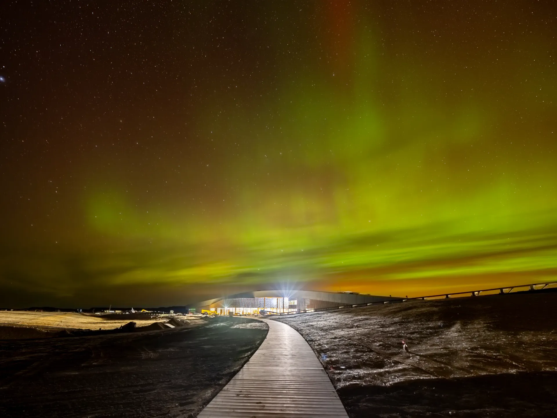 The aurora borealis over the Library boardwalk on a November night