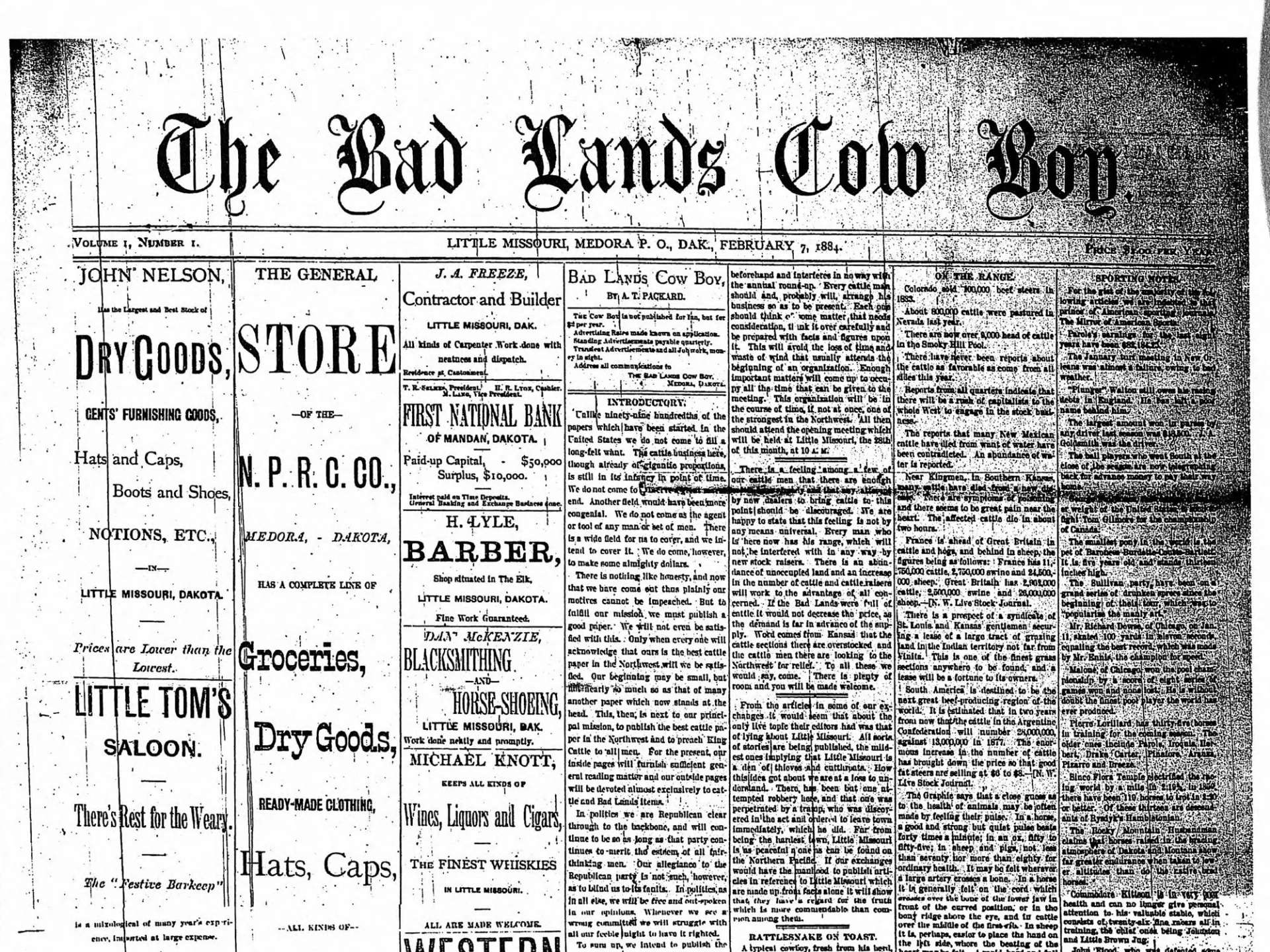 Top of the front page of the first issue of The Bad Lands Cow Boy, February 7, 1884