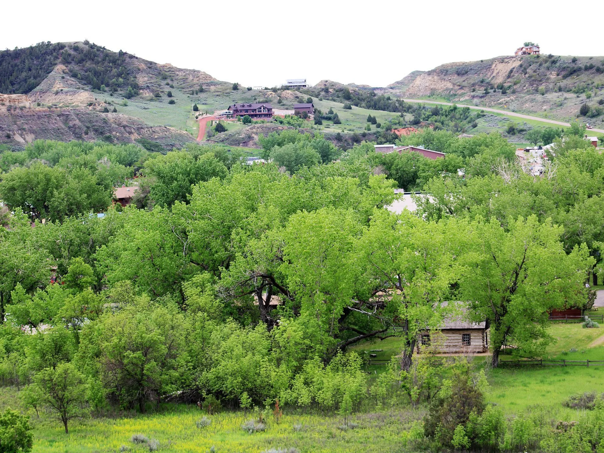 View over Medora's cottonwoods and rooftops toward the buttes