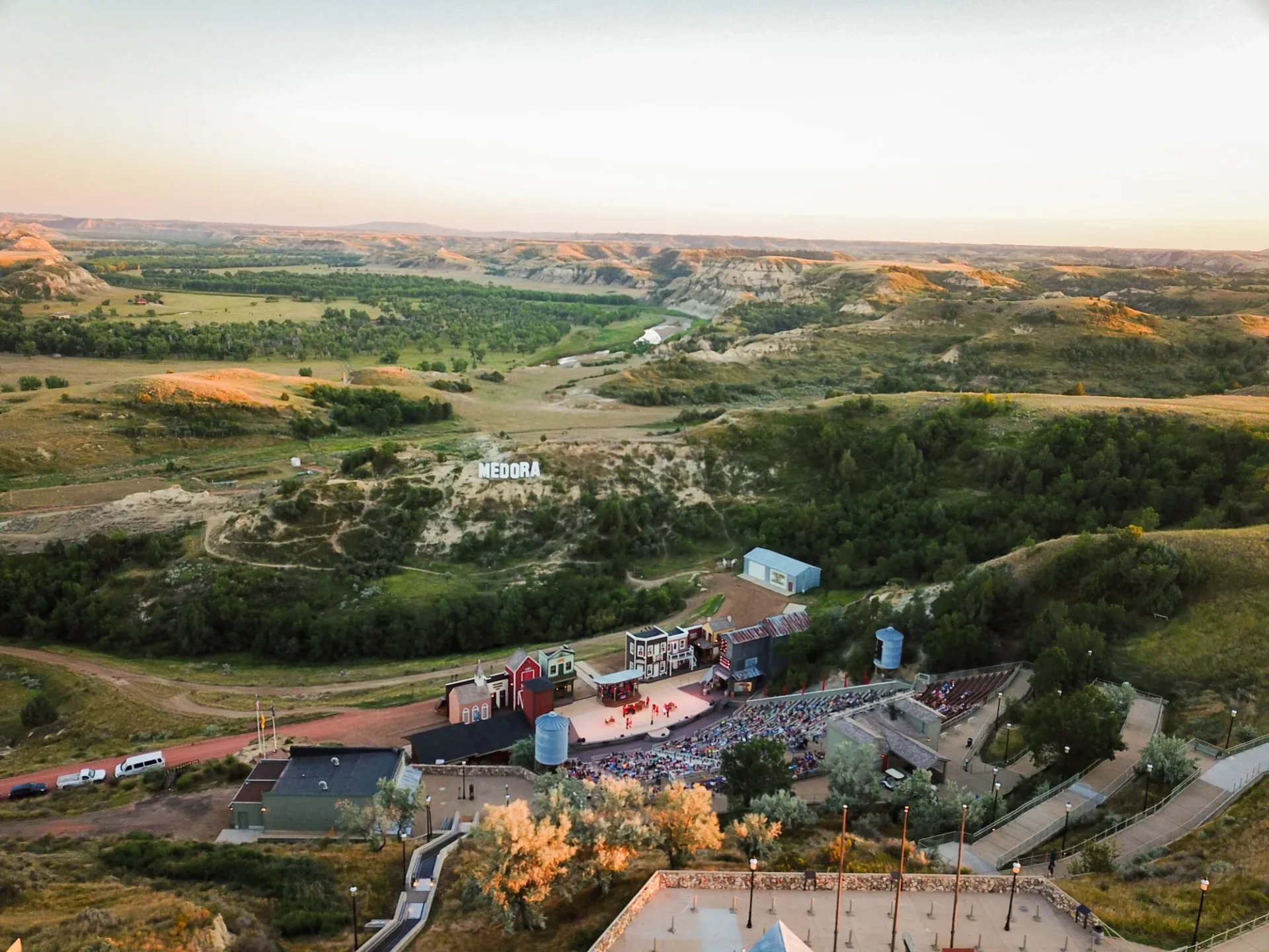Drone view of the Burning Hills Amphitheatre in the Badlands at twilight