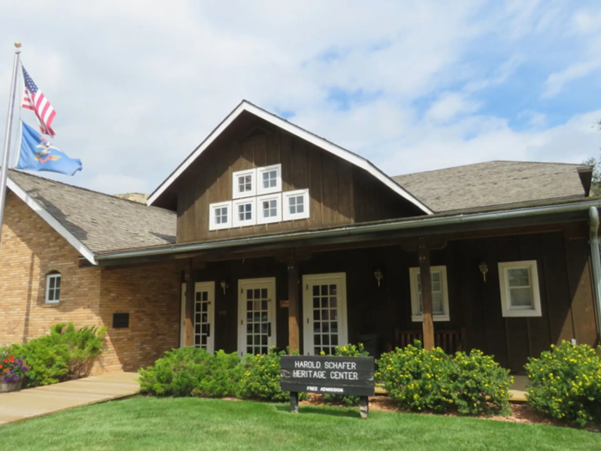 Harold Schafer Heritage Center with flags out front