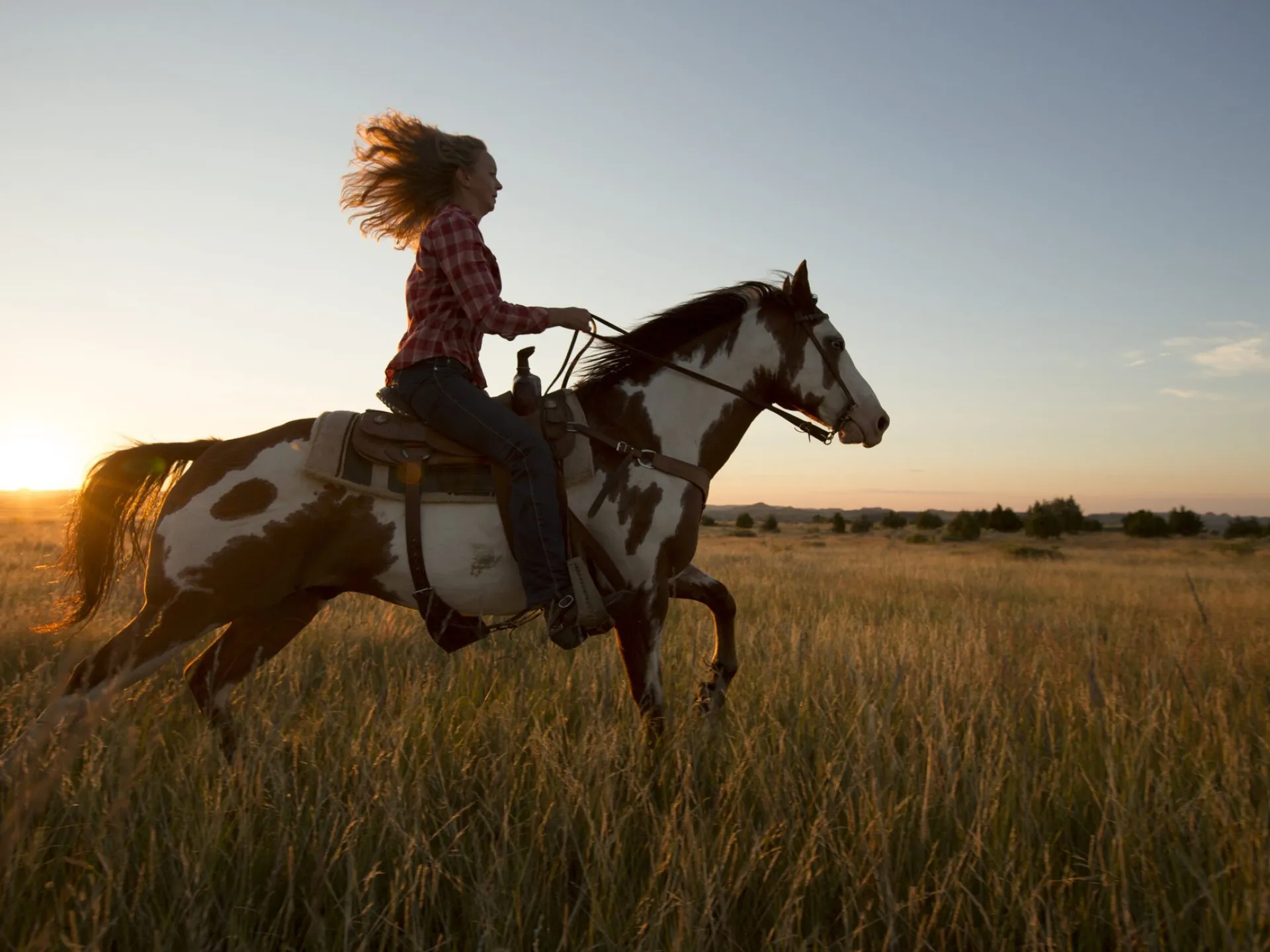 Rider galloping a paint horse across the prairie at sunset