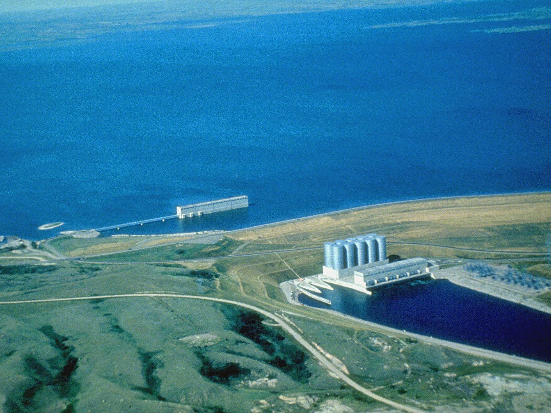Aerial view of Garrison Dam and the Missouri River