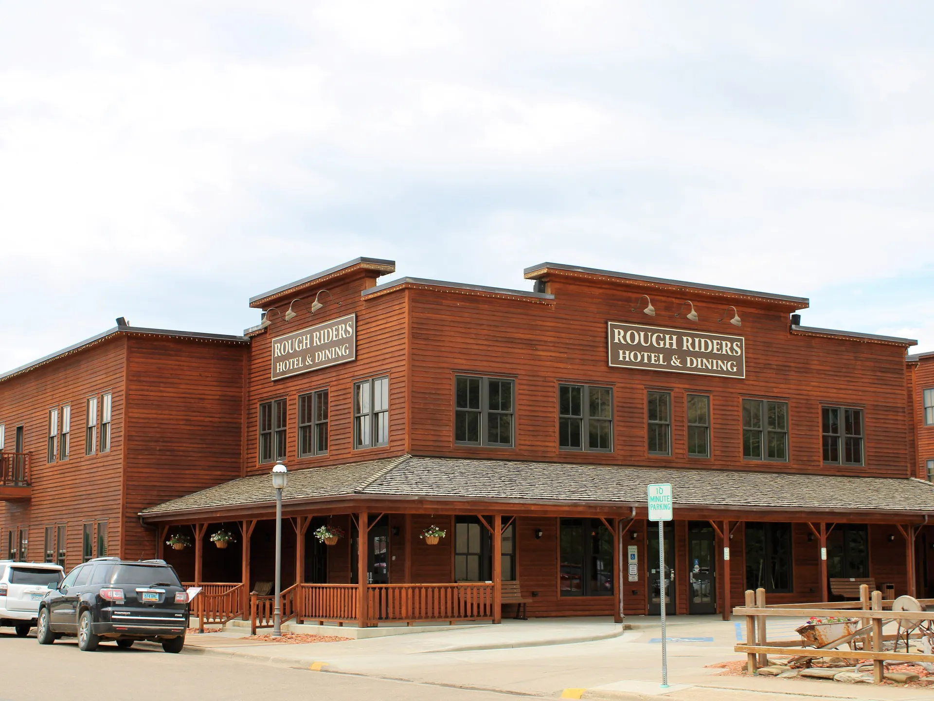 The two-story brick Rough Riders Hotel on a Medora street