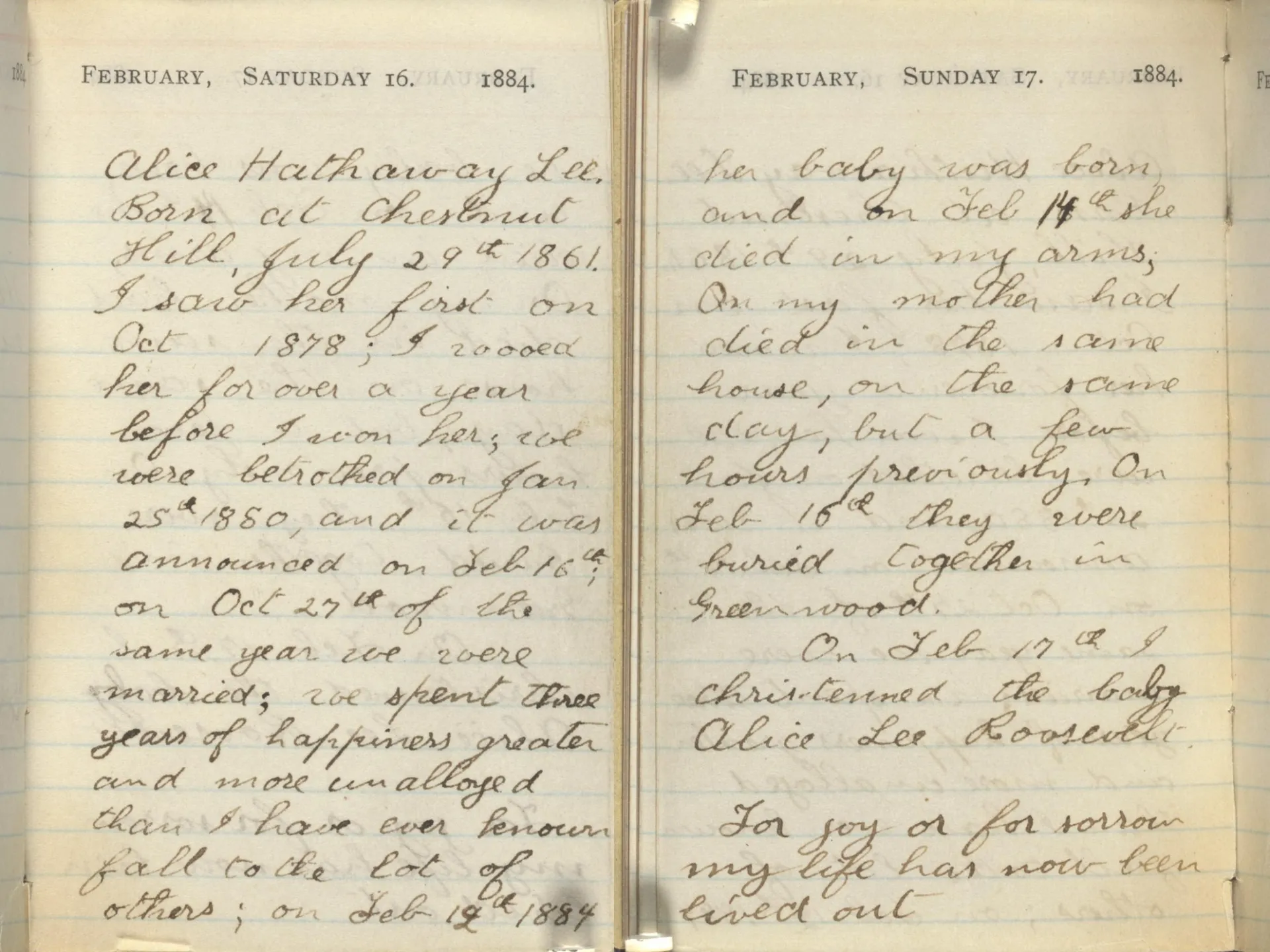 Theodore Roosevelt's diary pages for February 16 and 17, 1884, filled with his handwritten account of his marriage to Alice Hathaway Lee and her death