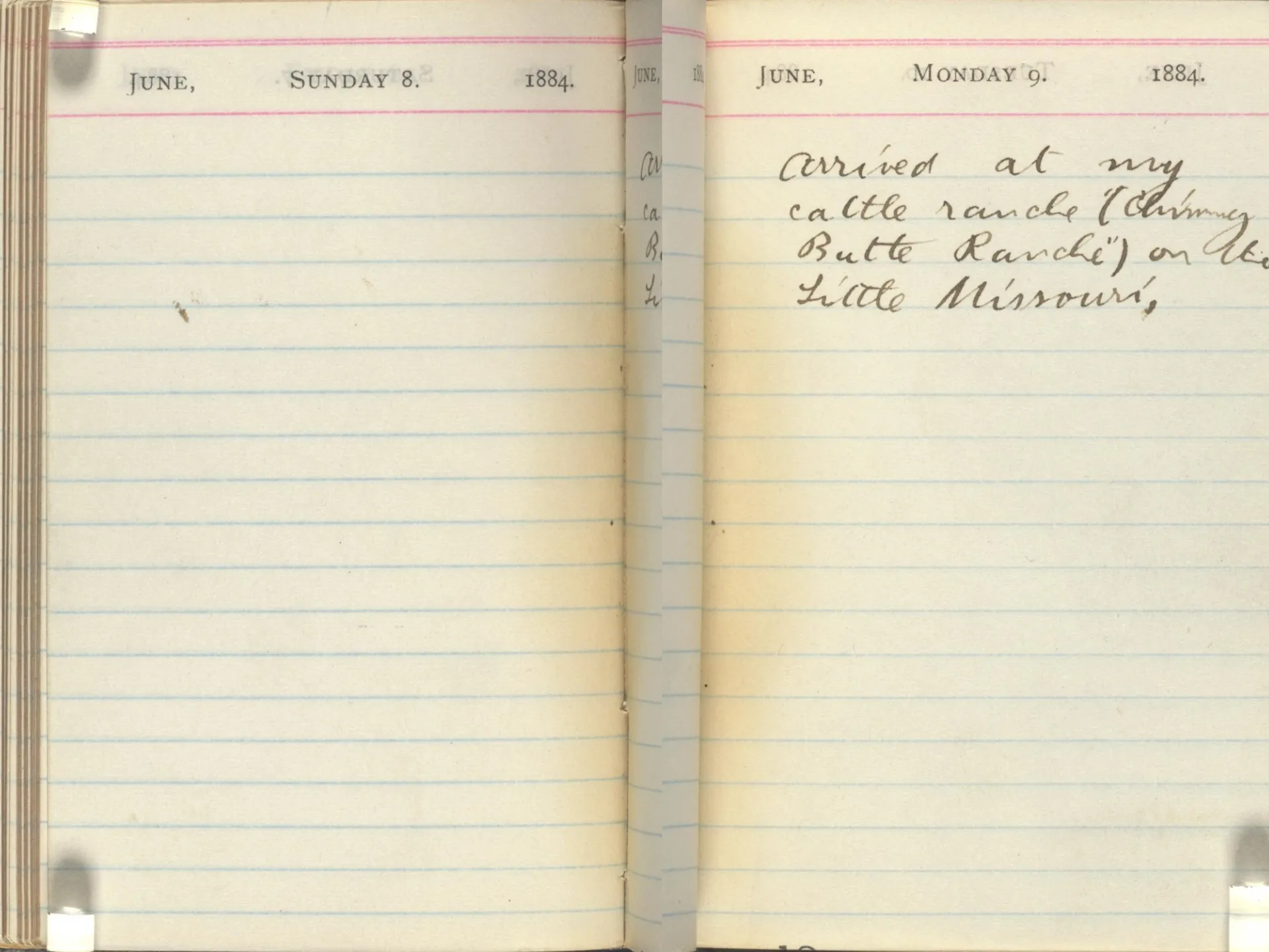 Theodore Roosevelt's diary pages for June 8 and 9, 1884; the June 9 page records his arrival at his cattle ranch on the Little Missouri