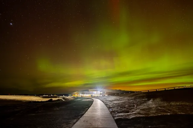 The aurora borealis over the Library boardwalk on a November night