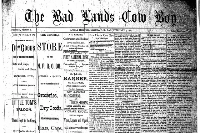 Top of the front page of the first issue of The Bad Lands Cow Boy, February 7, 1884