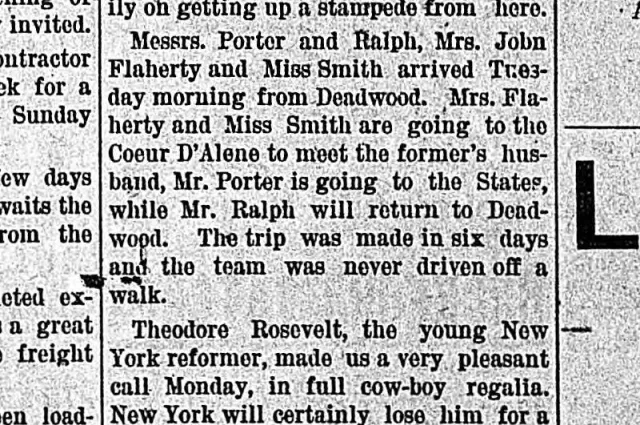 Local news column of The Bad Lands Cow Boy reporting Theodore Roosevelt's call at the office in full cowboy regalia
