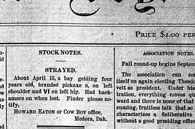 Stock notes and stockmen's association notes on the front page of The Bad Lands Cow Boy