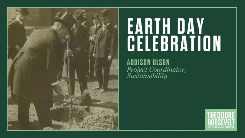 Title slide for Earth Day celebration event featuring TR planting a tree