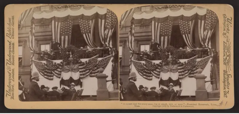 Photograph of Theodore Roosevelt delivering a speech about the square deal