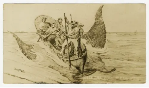 Illustration of Russell J Coles killing a giant manta ray
