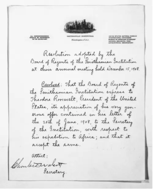 Smithsonian Resolution to support Roosevelt on his African expedition