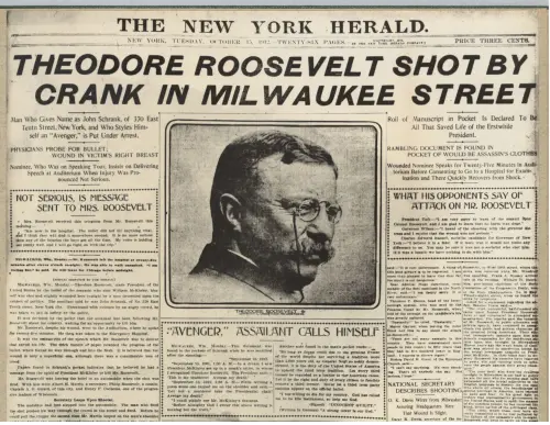Newspaper headline describing that TR had been shot