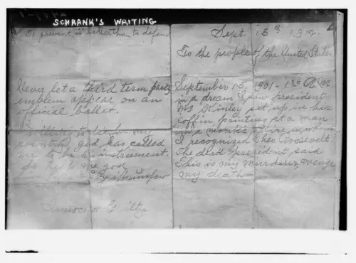 Handwritten materials from John Schrank stating his dream of McKinley