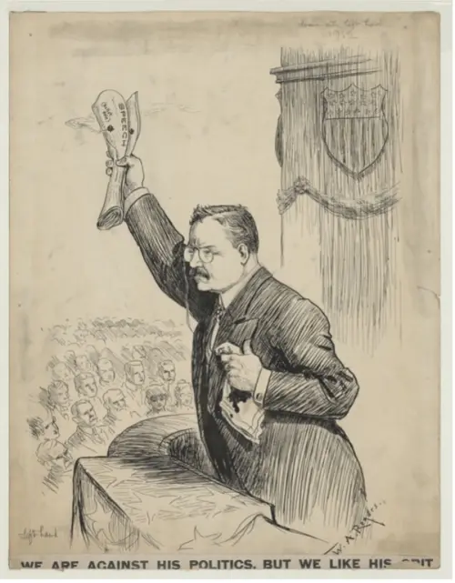 Cartoon of Theodore Roosevelt holding his bloody speech