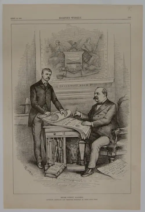 Political cartoon of Theodore Roosevelt handing a reform bill to Grover Cleveland