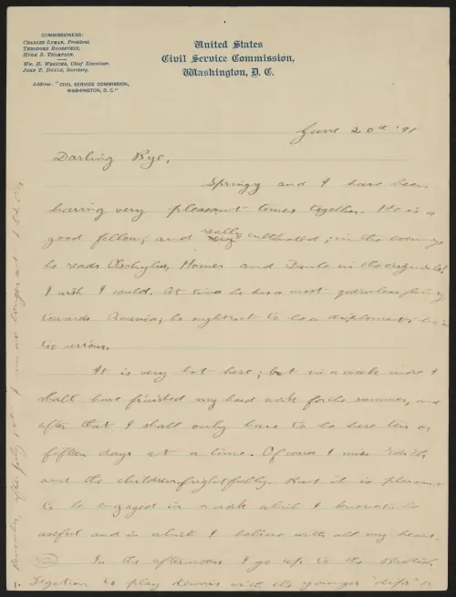 Letter from Theodore Roosevelt to his sister Anna "Bamie" about his work on the US Civil Service Commission