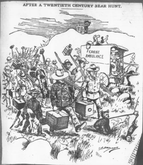 Political cartoon of Theodore Roosevelt's hunt in Mississippi in 1902