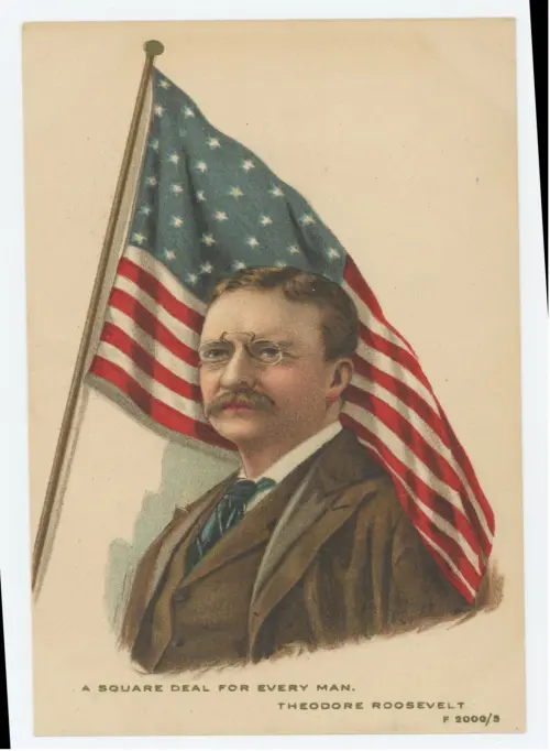 Illustration of Theodore Roosevelt and an American flag with the wording, "A square deal for every man"